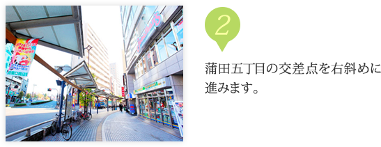 蒲田五丁目の交差点を右斜めに進みます。