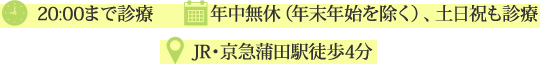 20:00まで診療 年中無休(年末年始を除く)、土日も診療 JR・京急鎌田駅徒歩4分